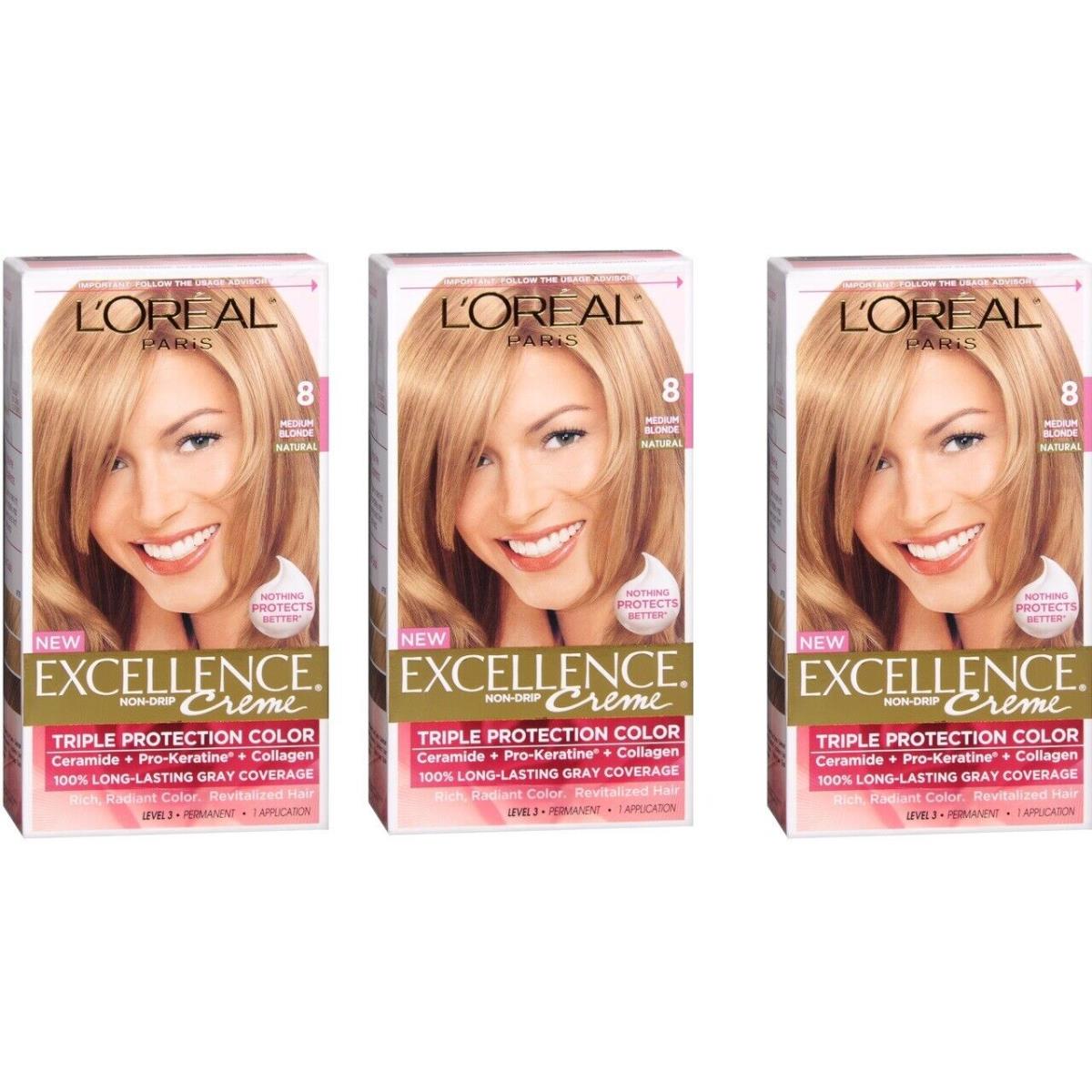 L`oreal Paris Excellence Creme Medium Blonde Permanent Hair Color 3 Pack