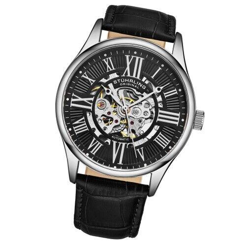 Stuhrling 3942 2 Automatic Skeleton Black Leather Strap Mens Watch