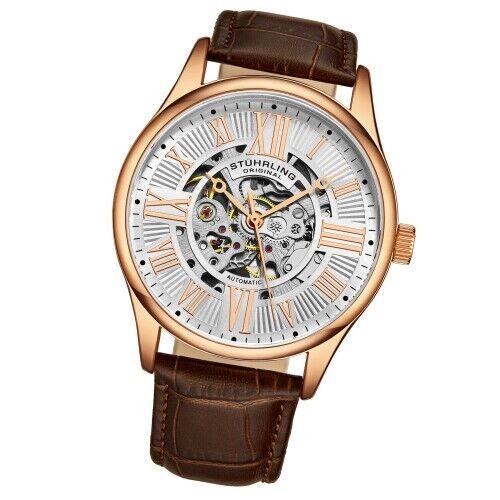Stuhrling 3942 4 Automatic Skeleton Brown Leather Strap Mens Watch