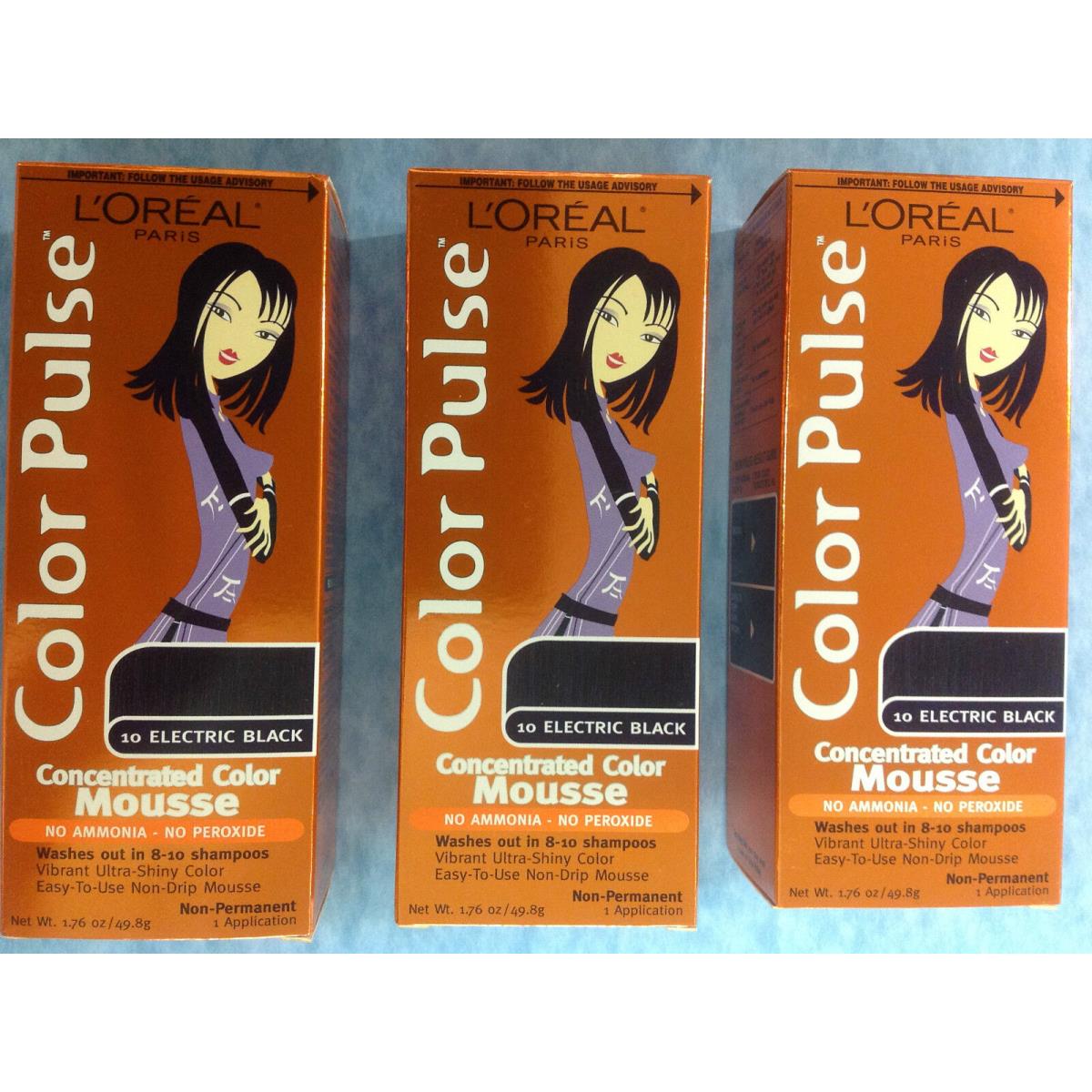 3 X L`oreal Color Pulse Concentrated Color Mousse Electric Black 10 New