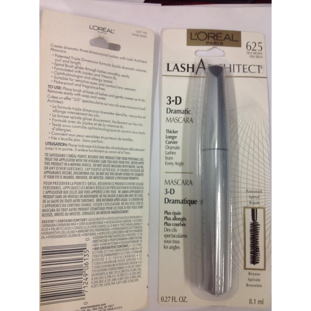 Lot OF 3 L`oreal Lash Architect 3-D Mascara True Brown 625 Washable New