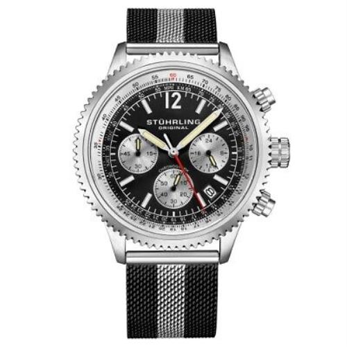 Stuhrling 3976 1 Quartz Chronograph Black Colored Date Mesh Bracelet Mens Watch