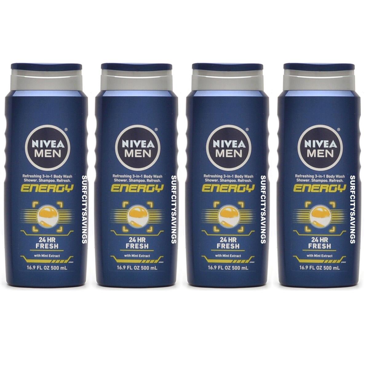 4 Pack Nivea Men Energy 24 HR Fresh Mint Extract 16.9 oz Body Wash Shampoo