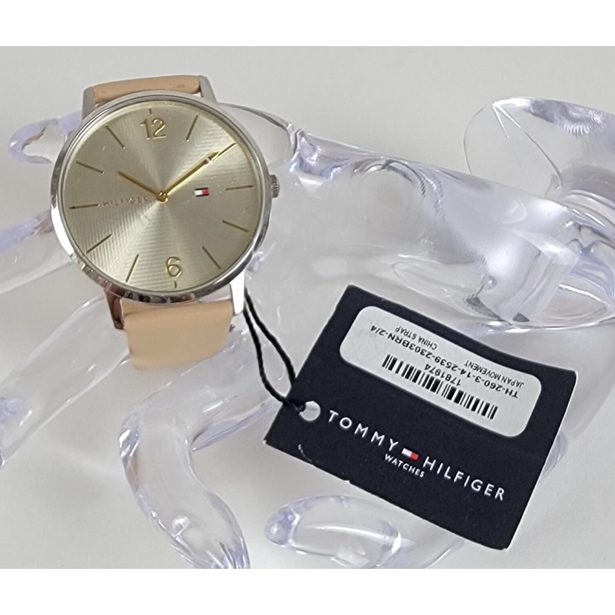 Tommy Hilfiger Watch Silver Round Gold Dial Beige Strap Unisex Adults 40mm