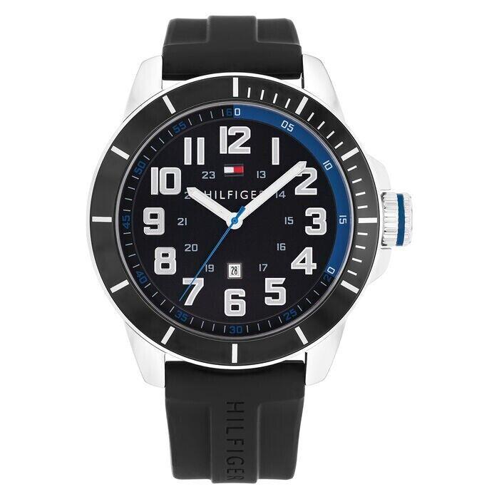 Tommy Hilfiger Men`s Watch 48mm Black Dial Silicone Band 1791072