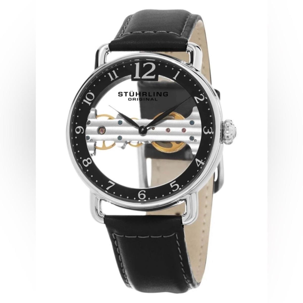 Stuhrling Men`s Exposed Bridge Mechanical Skeleton Dial Black Dress Watch