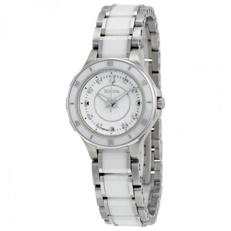 Bulova White Dial 8 Diamonds White Ceramic St.steel Ladies Watch 98P124