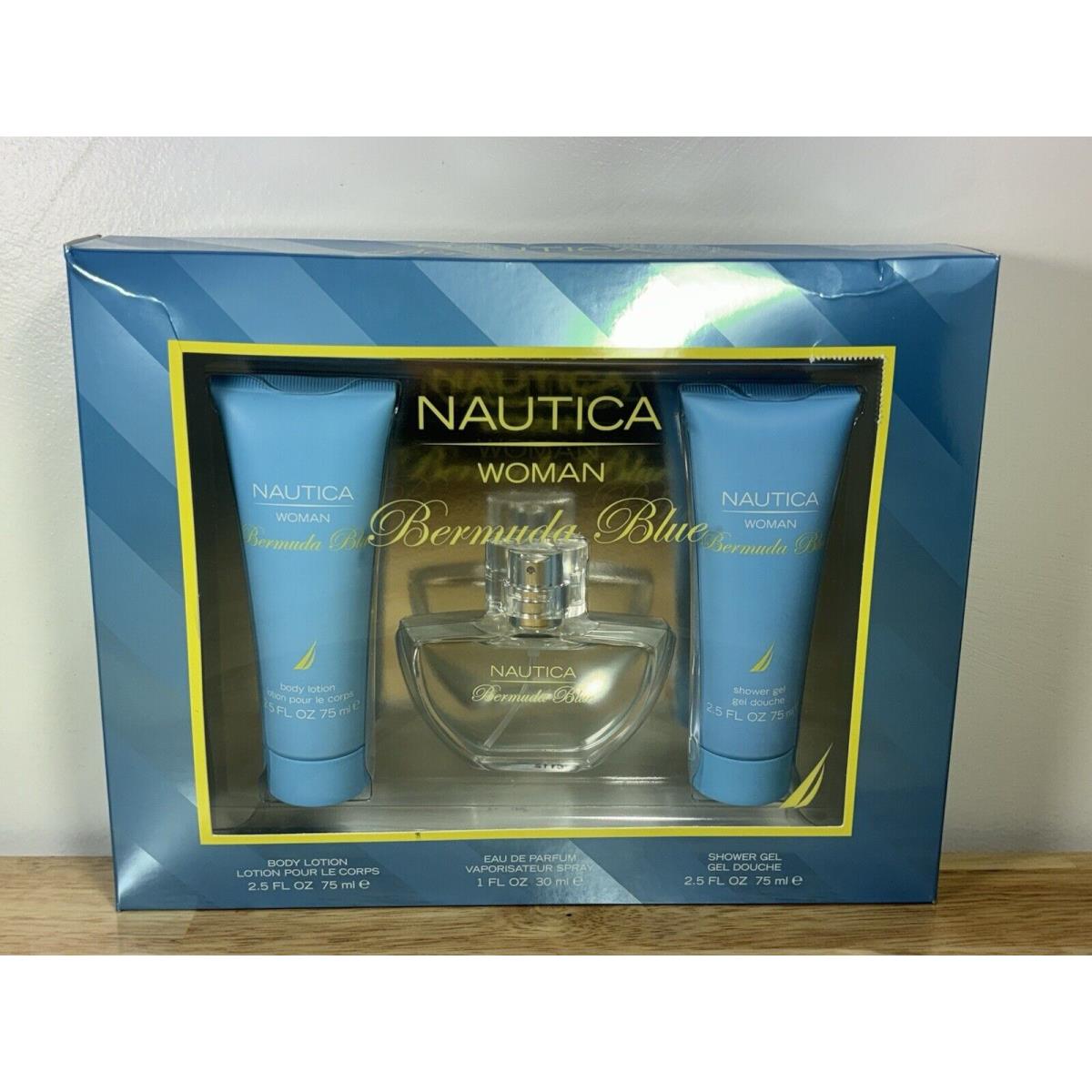 Nautica Woman Bermuda Blue Perfume Lotion Shower Gel 3 Pc Gift Set Rare