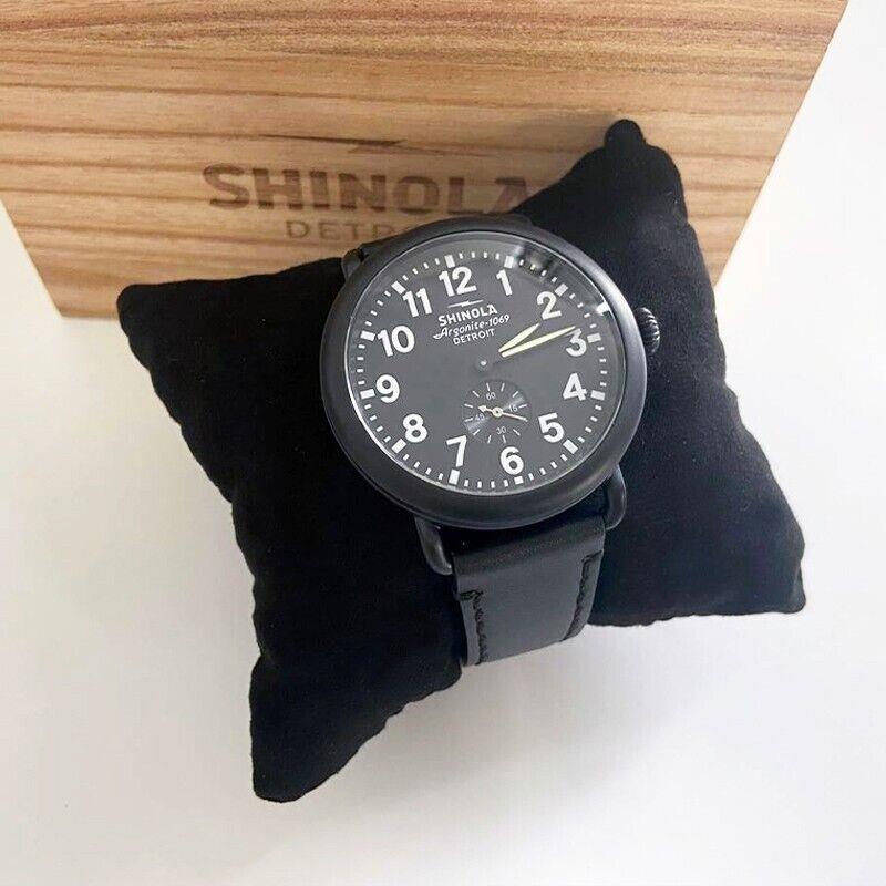 Men Women Shinola Runwell Gunmetal and Black Quartz Watch Leather Strap 41mm