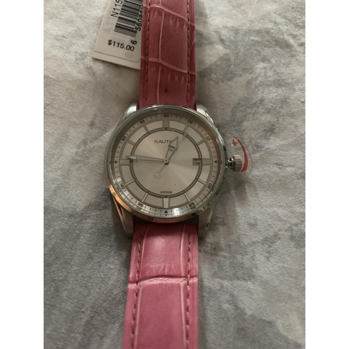 Nautica Womans Silver Stainless Steel Pink Leather Watch