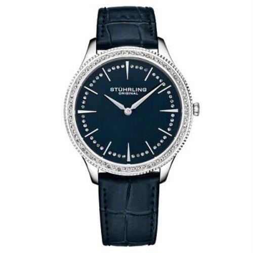 Stuhrling 3985 2 Crystal Accented Blue Leather Womens Watch