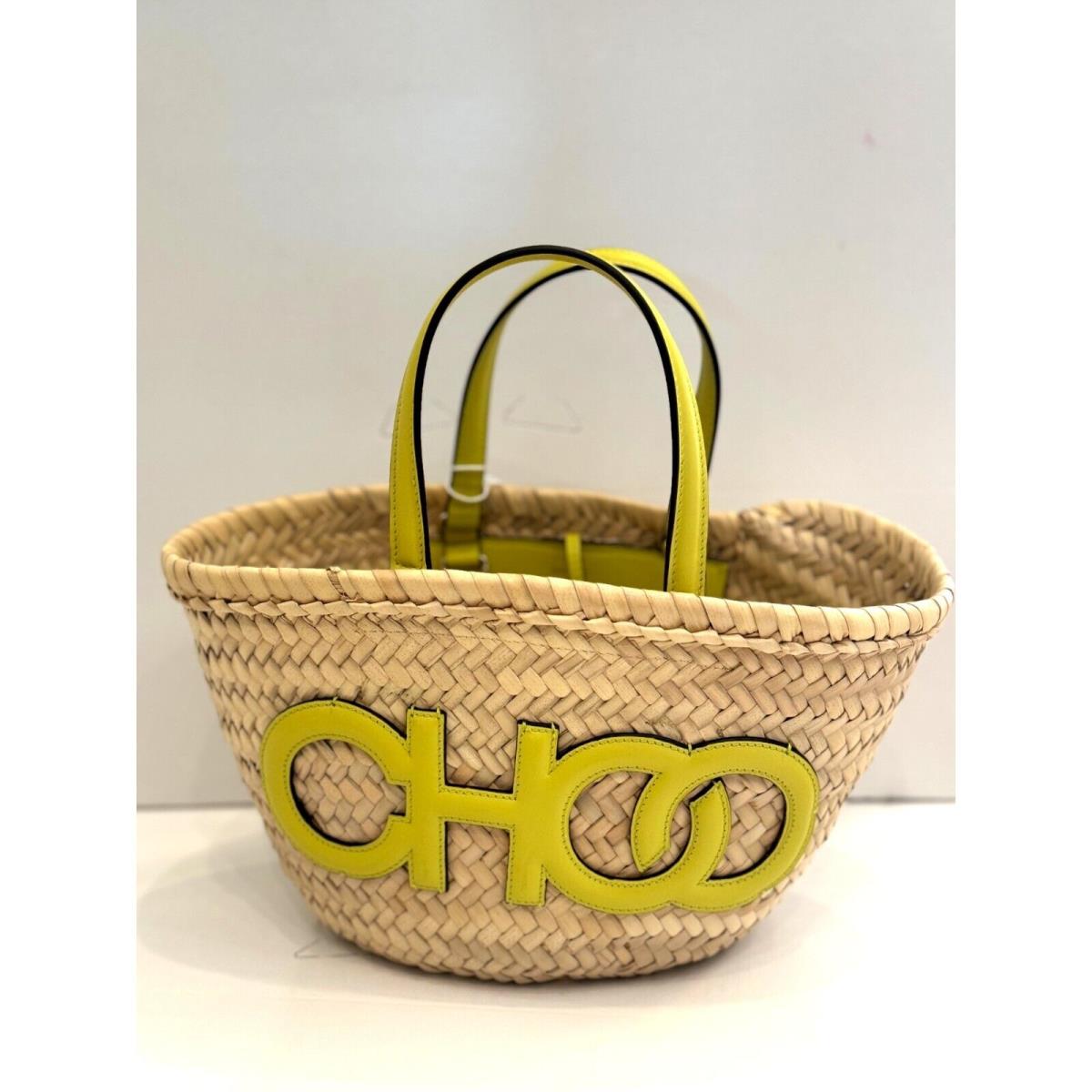 Jimmy Choo Logo Crossbody Tote Bag Natural Raffia Citron Yellow Trim