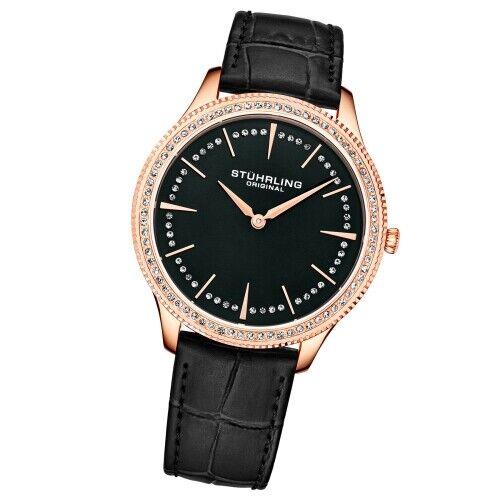 Stuhrling 3985 4 Symphony Crystal Accented Black Leather Womens Watch - Dial: Black, Band: Black