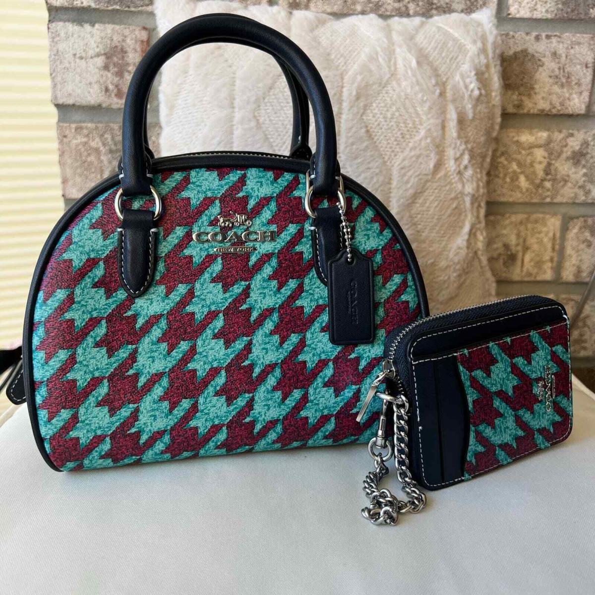 Coach Sydney Satchel with Houndstooth Print with Zip Card Wallet