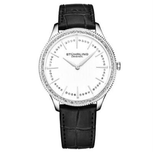 Stuhrling 3985 1 Crystal Accented Black Leather Womens Watch