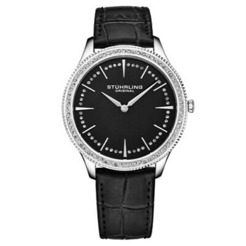 Stuhrling 3985 3 Symphony Crystal Accented Black Leather Womens Watch