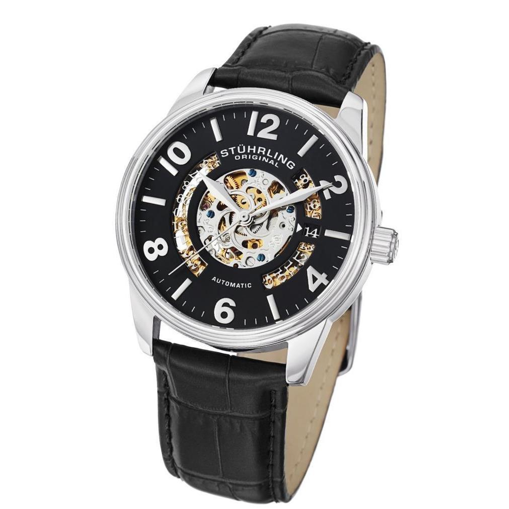 Stuhrling 649 01 Legacy Automatic Skeleton Date Black Leather Strap Mens Watch