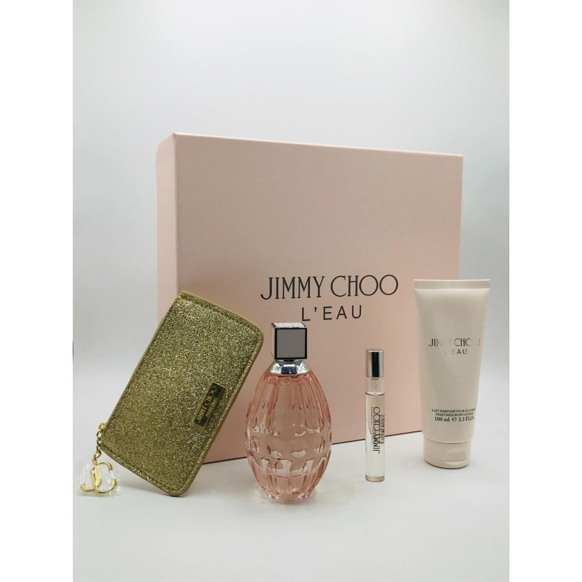 Jimmy Choo L`eau 4pc Set Parfum Spray 3 oz Body Lotion Mini Spray and Pouch