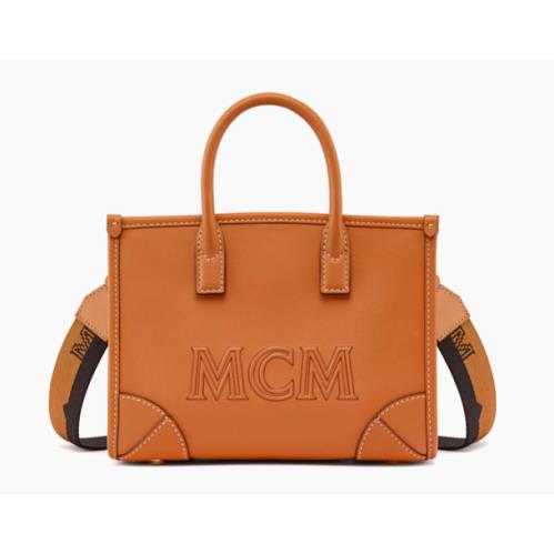 Mcm Munchen Mini Logo Leather Tote Shoulder Bag In Cognac