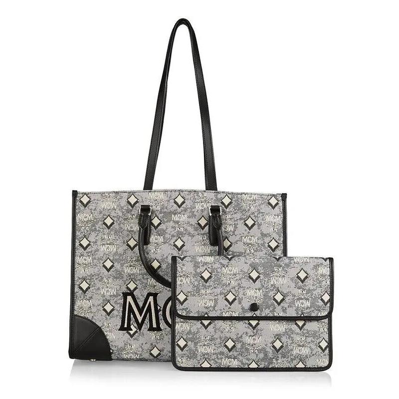 Mcm München M Nchen Large Tote Bag Pouch Gray Vintage Monogram Leather Jacquard