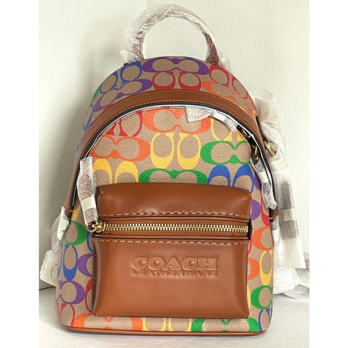 Coach Charter Backpack 18 Small Brown Leather Rainbow Signature Canvas Org Pkg