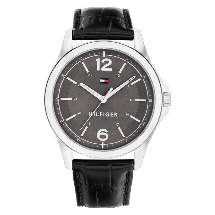 Tommy Hilfiger Men`s Essential Black Leather Strap Watch 42 mm 1791376