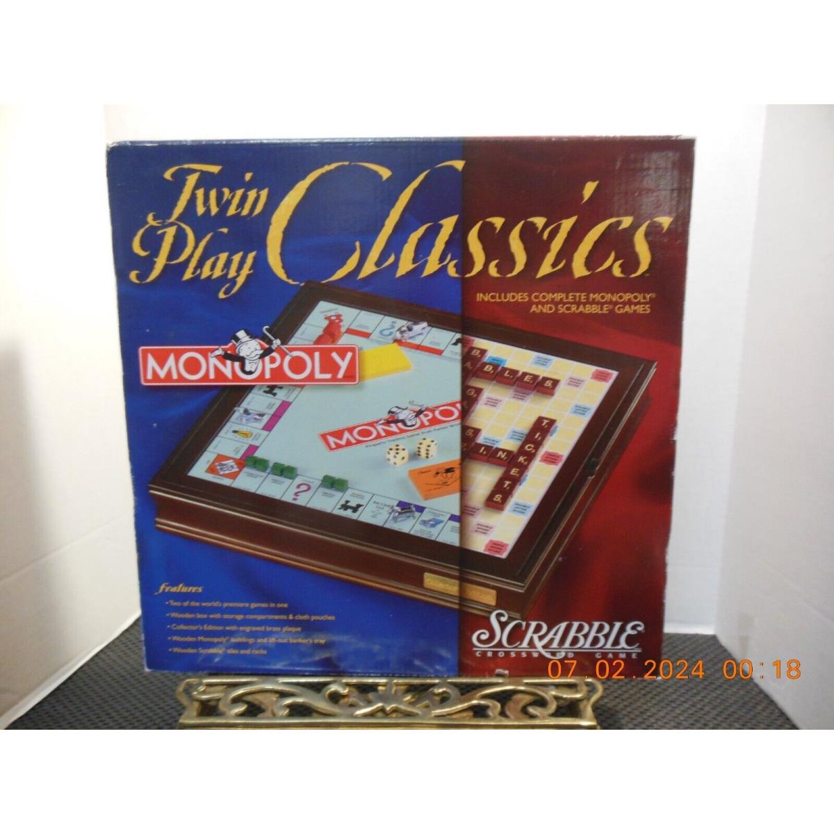 2000 Hasbro Twin Play Classics - Monopoly Scrabble Game Wooden Box Nrfb