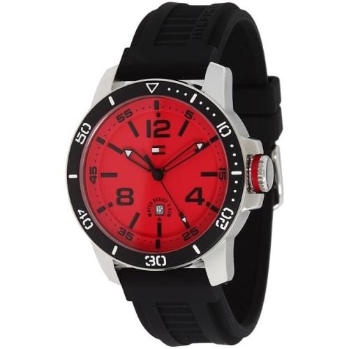 New-tommy Hilfiger Black Silicon Band+red-tone Dial+date Watch 1790848