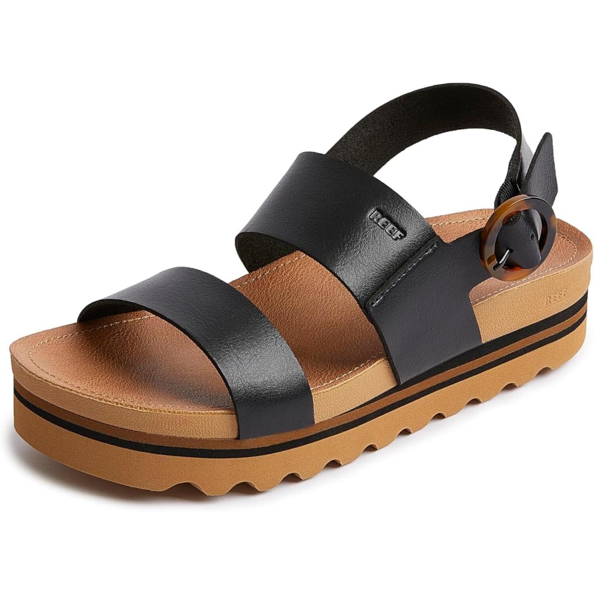 Reef Vista Hi Buckle Women`s Platform Fashion Sandal Arch Support Black/Tan