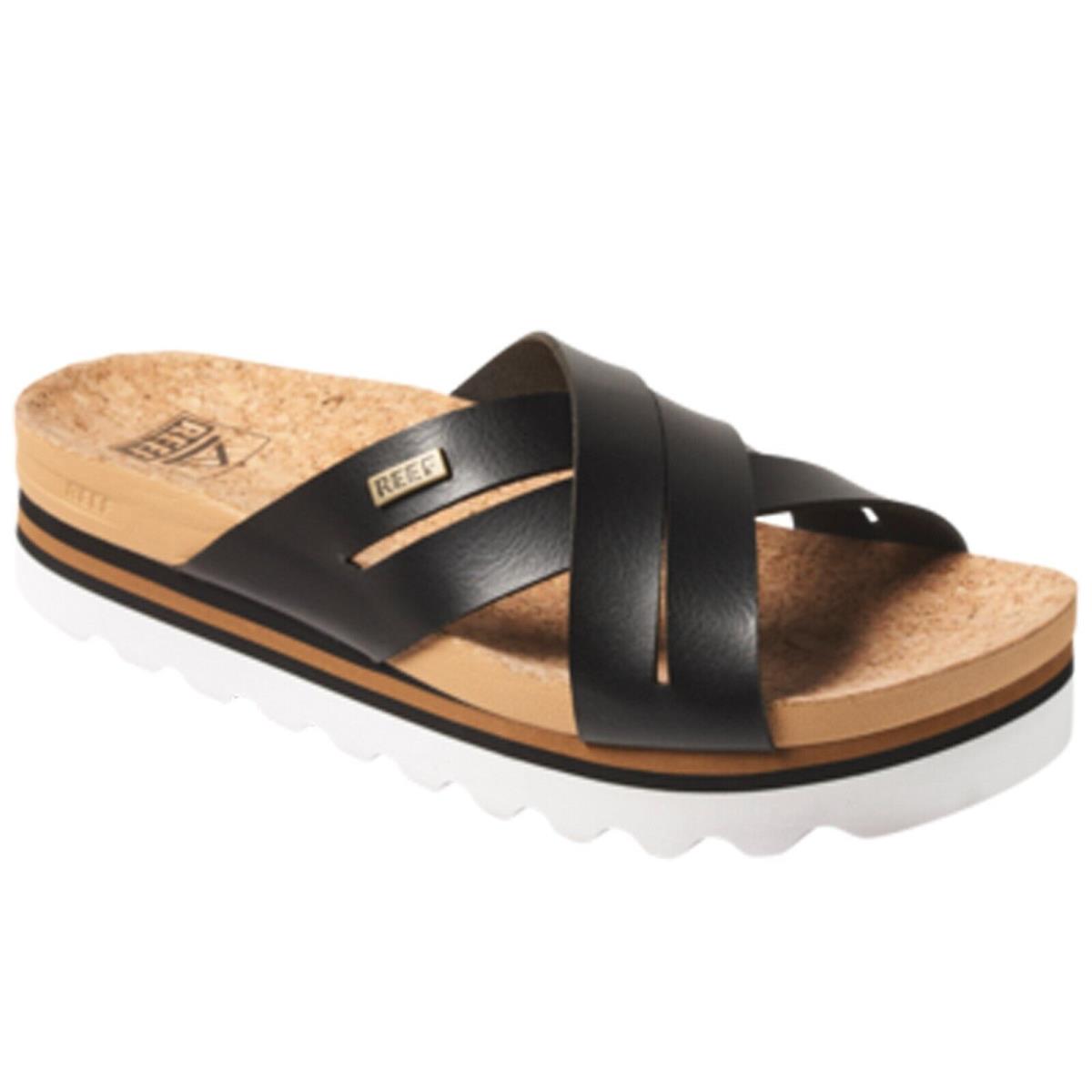 Reef CJ3808 Women`s Kaia Cross Black/tan Comfort Lightweight Slide Sandal