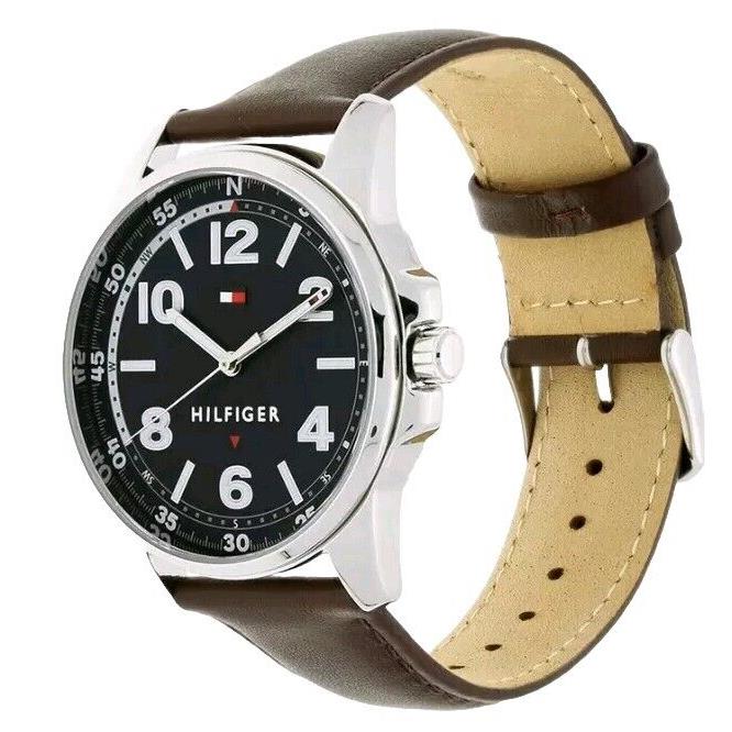 Tommy Hilfiger Men`s Watch Brown Leather Strap Navy Blue Dial 1791375