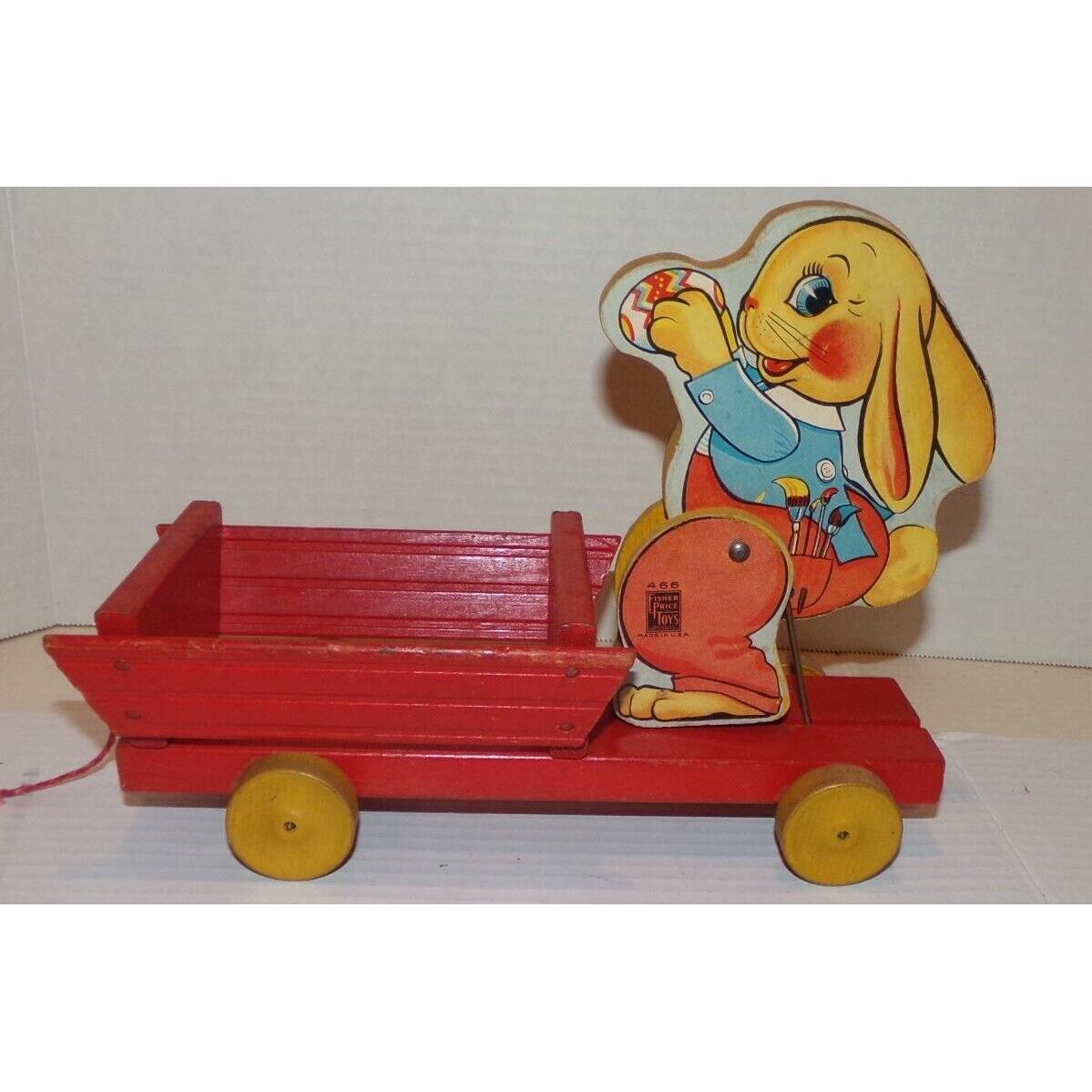 1930-40 Clean Fisher Price Rare 466 Busy Bunny Cart Easter Pull Toy Rabbit