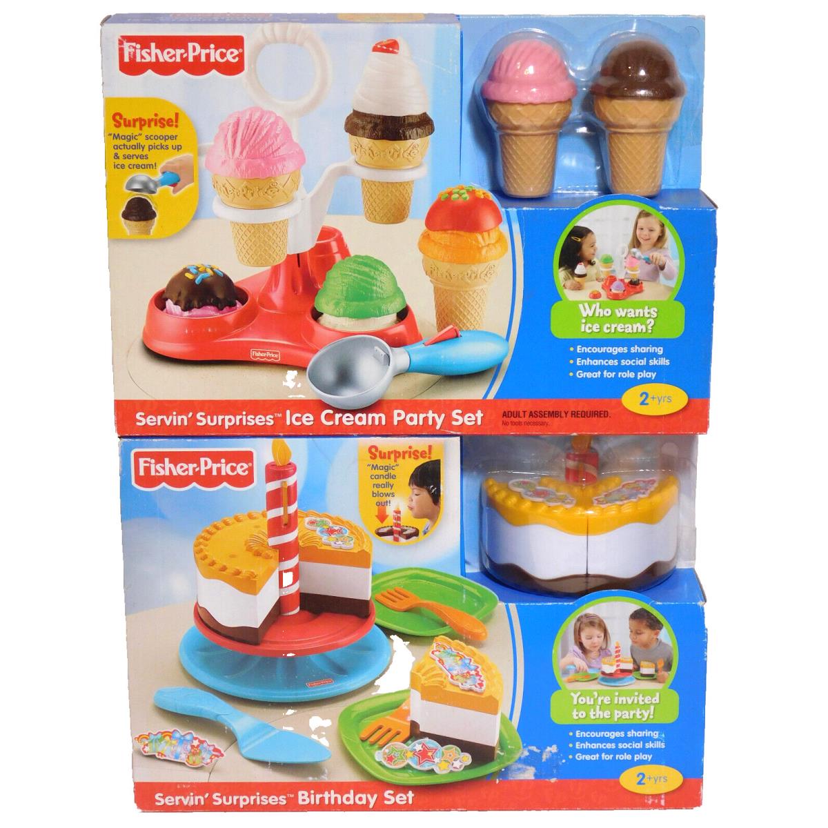 2 Sets Fisher Price Servin Surprises Birthday Cake Food Ice Cream Party Set