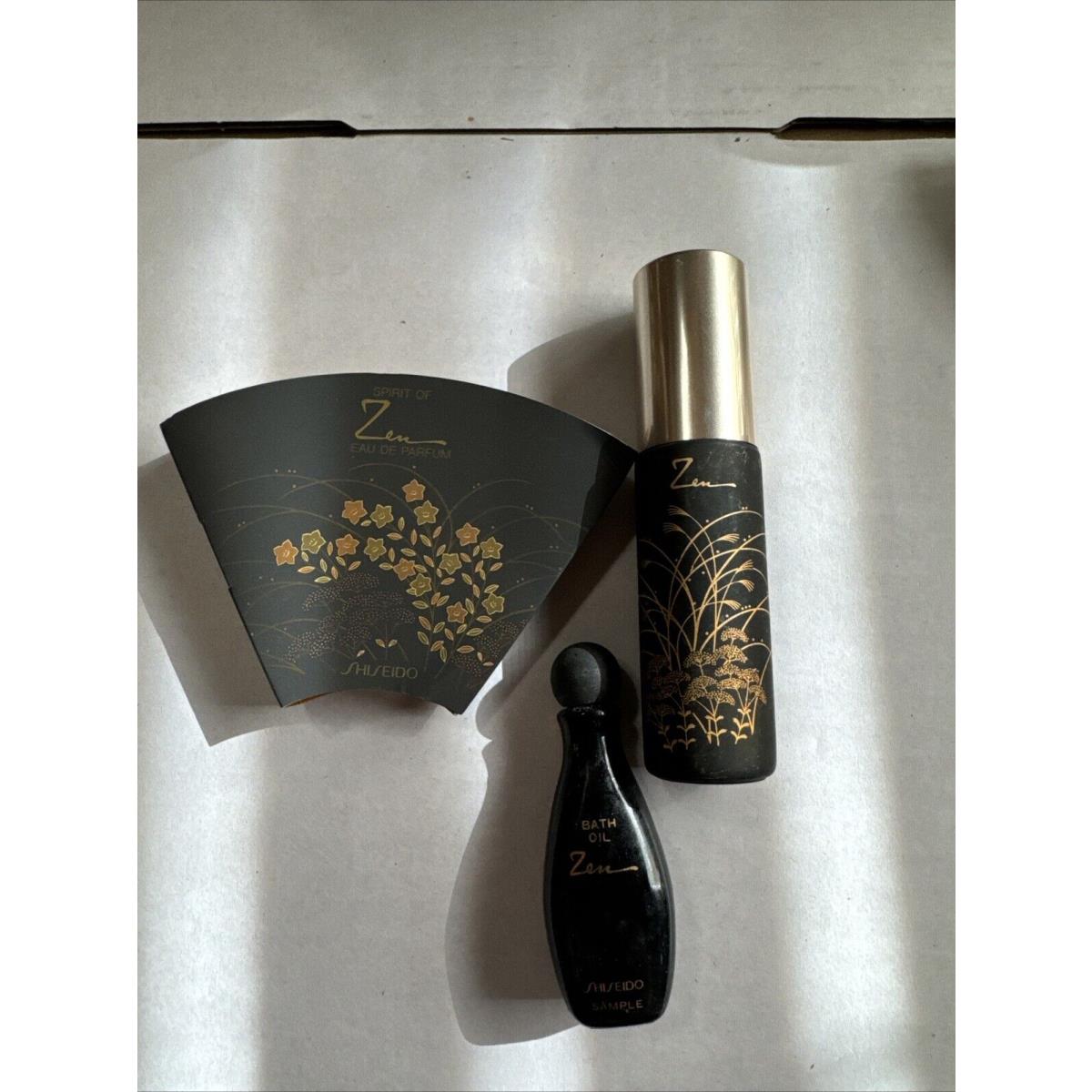 Shiseido Zen Lot: Perfume Sample Perfume Bottle Empty and Bath Oil Sample