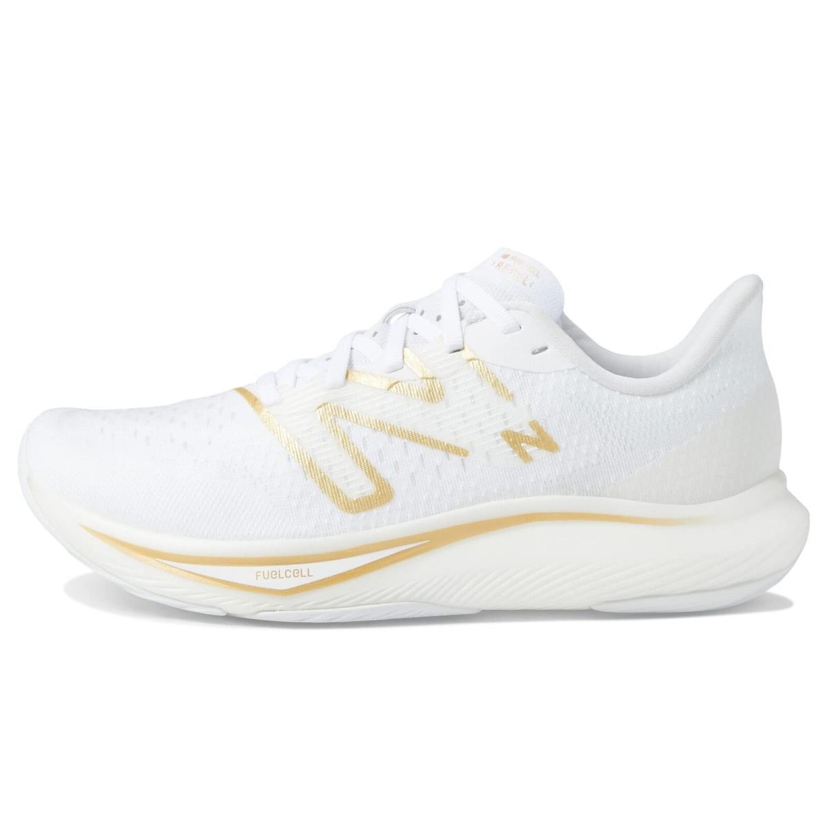 New Balance Women`s Fuelcell Rebel V3 Running Shoe White/gold Metallic/light Go