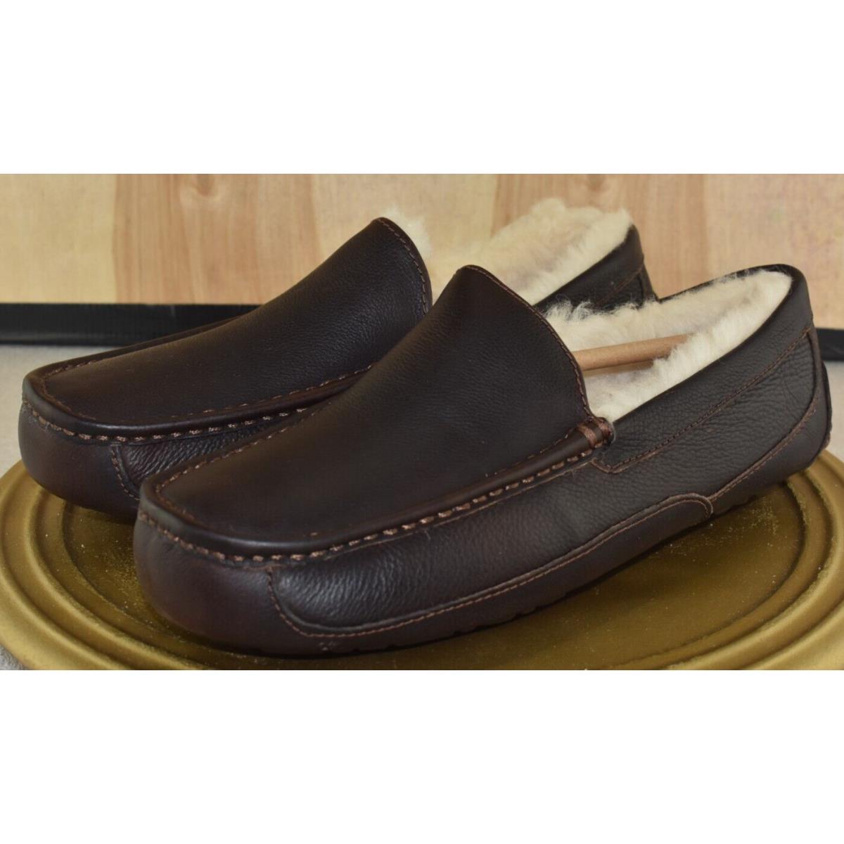 Ugg Mens Ascot Dark Spice Leather Sheepskin Moccasin Slippers Shoes Size 9