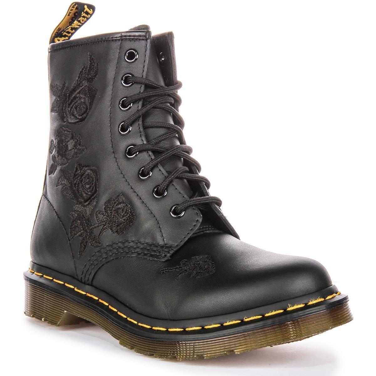 Dr Martens 1460 Vonda 8 Eye Rose Embroidered Womens Boot Black Mono US 5 - 11