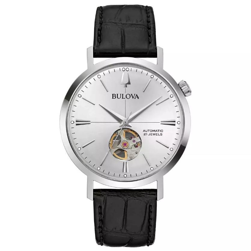 Bulova Aerojet Stainless Steel Black Leather Automatic Men`s Watch - 96A315 - Dial: Silver, Band: Black