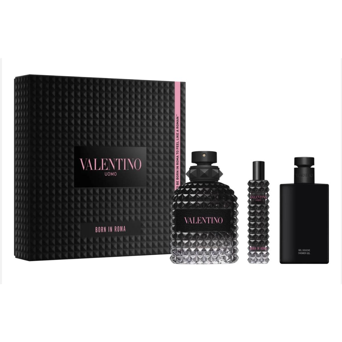 Valentino Uomo Born IN Roma 3 Pc M Set Edt 3.4oz + 0.5 oz Spray + Shower Gel