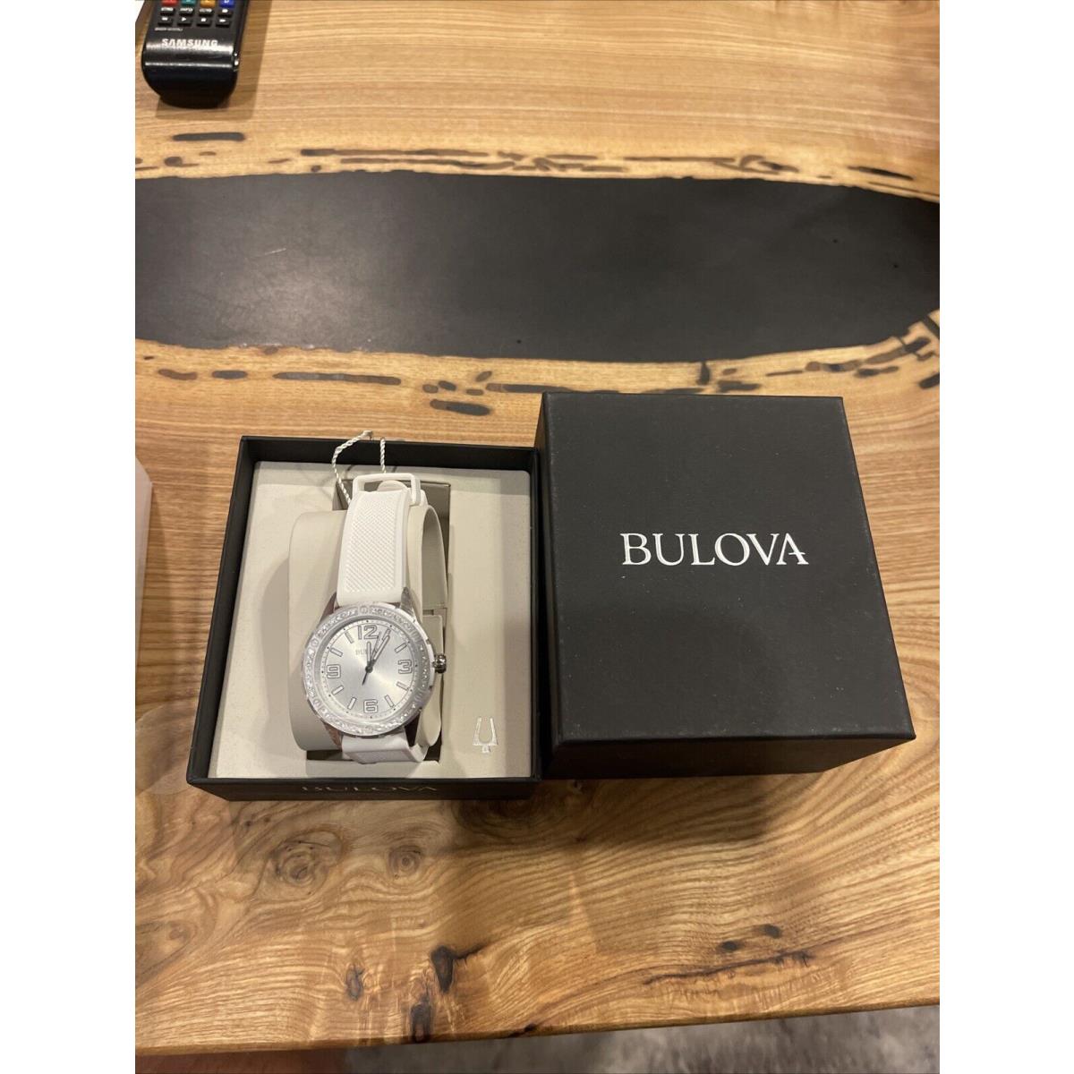 Bulova Women s Crystal Watch White Band Sliver Face K33820262 Nos