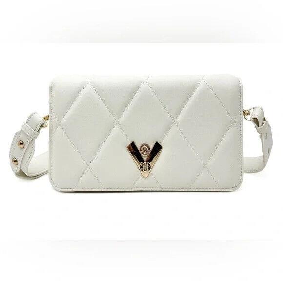 Valentino Orlandi White Diamond Quilted Gold Tone Hardware Crossover Handbag