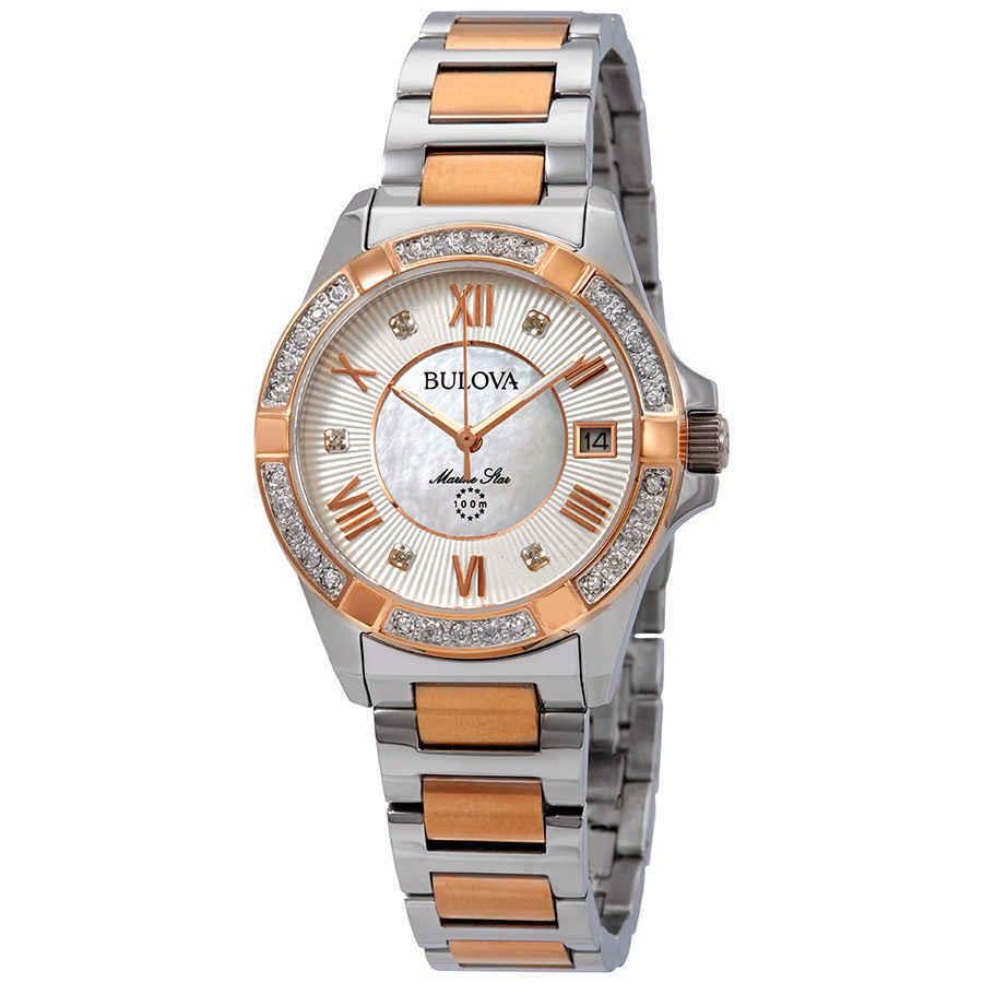 Bulova Marine Star Diamond White Mop Dial Ladies Watch 98R234 - Dial: Rose Gold, Band: Gold, Multicolor, Pink, Silver, Bezel: Silver