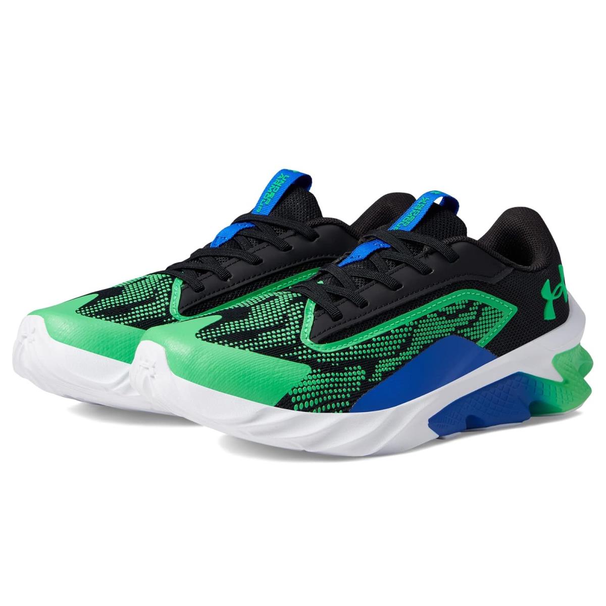 Boy`s Sneakers Athletic Shoes Under Armour Kids Scramjet 4 Little Kid Black/Versa Blue/Extreme Green