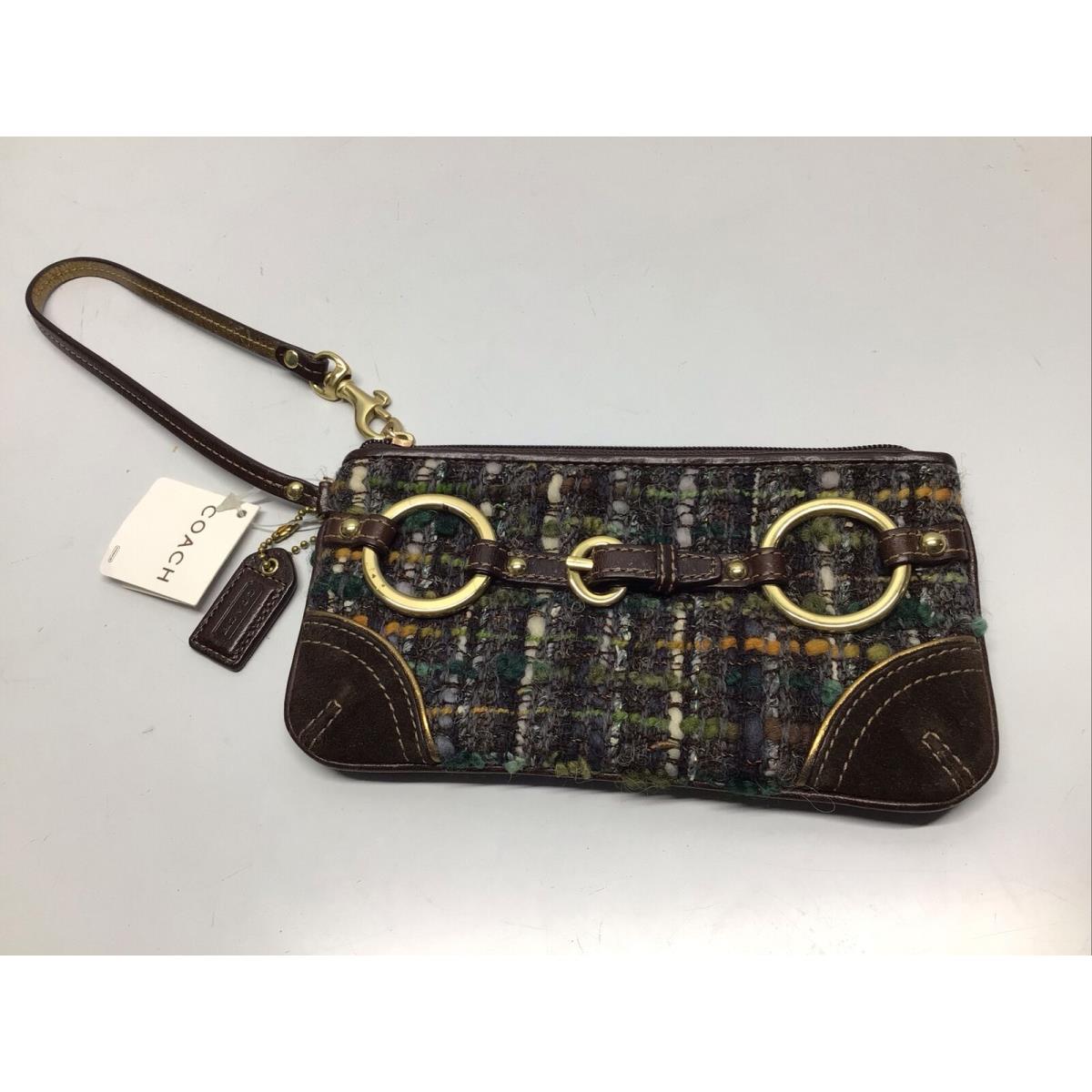 Coach Chelsea Boucle Wool Tweed Plaid Wristlet Brass Suede Leather