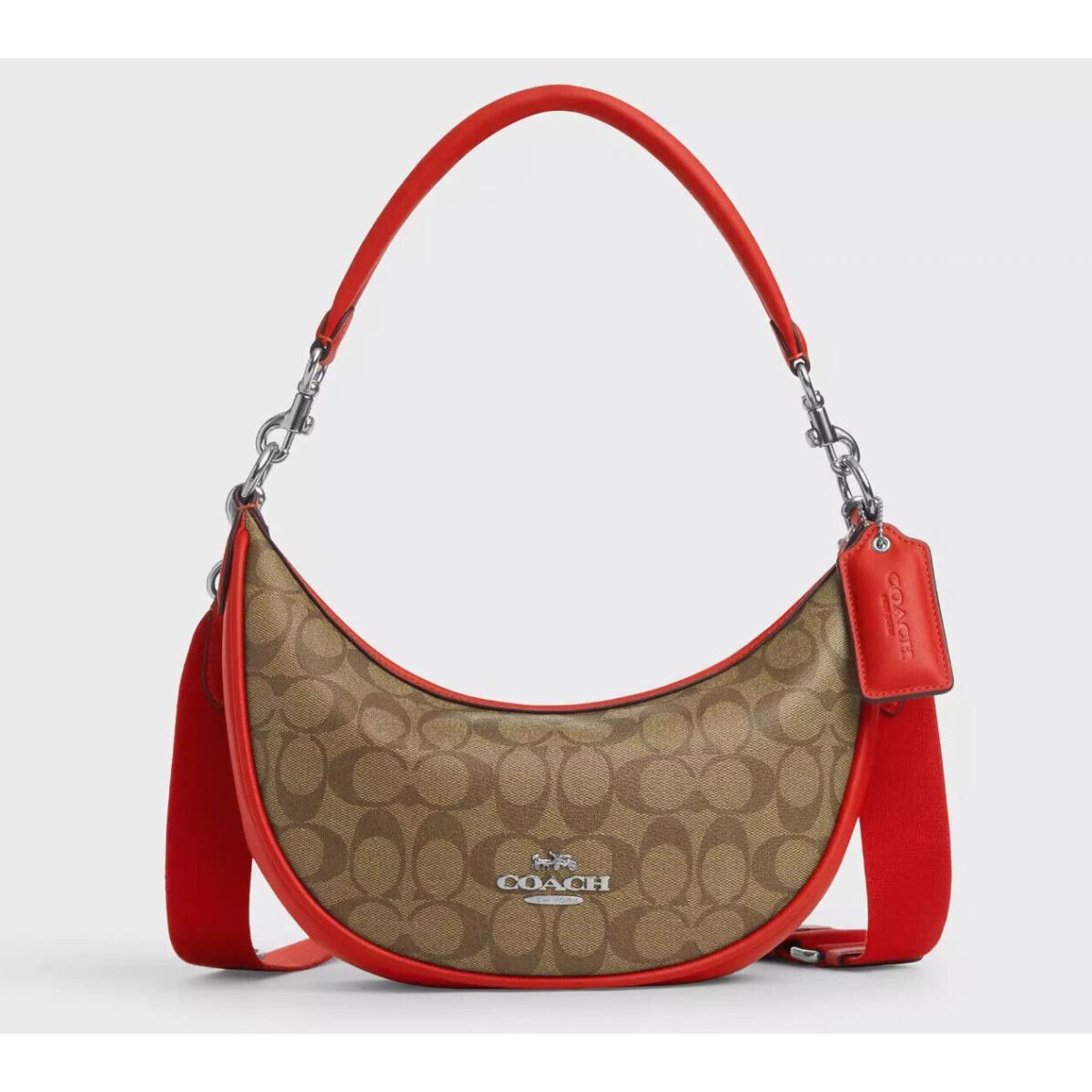 Coach CR283 Aria Shoulder Bag Logo Signature Khaki / Miami Red