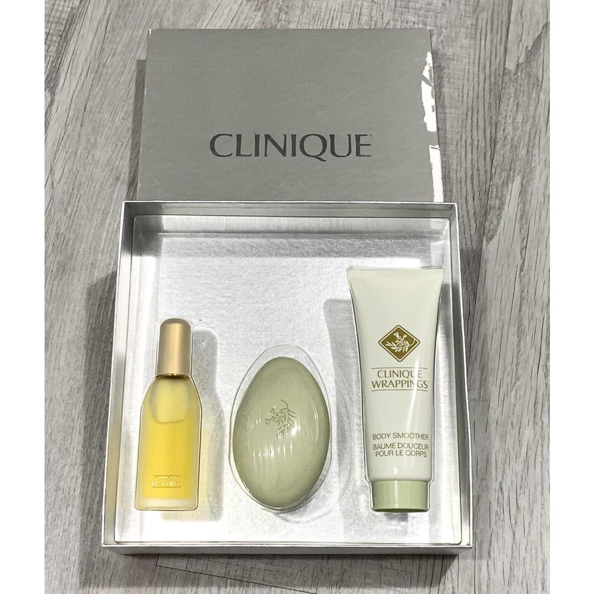 Clinique Wrappings 3pc Set .85 oz Perfume 3.4oz Body Smoother Soap Bar m120