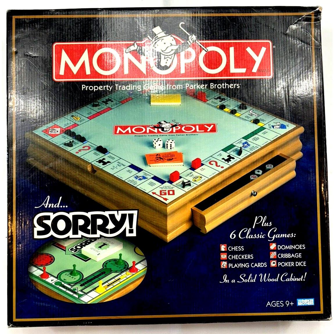 Monopoly Sorry Solid Wood Cabinet Chess Checkers Dominoes Cribbage Poker Dice