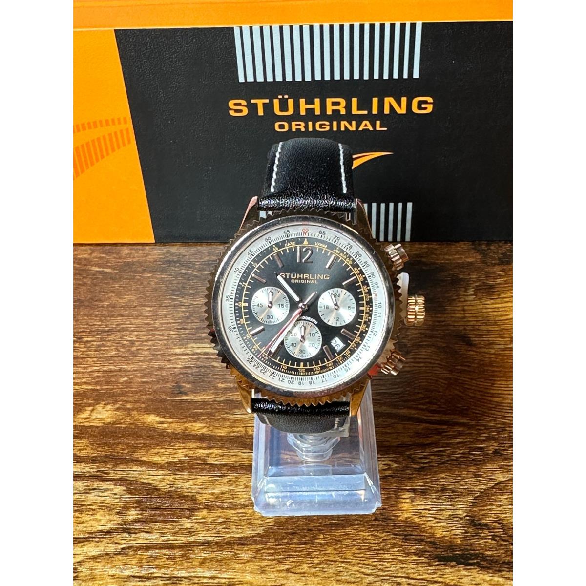 Stuhrling Monaco Men`s Watch Rose Gold Black Leather