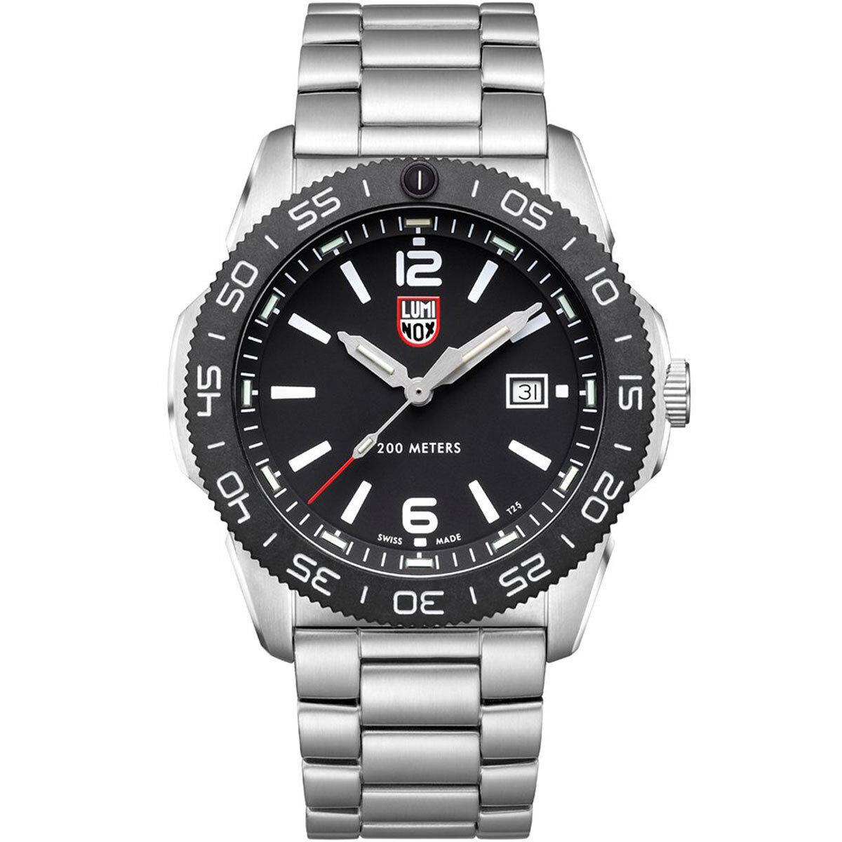 Luminox Men`s Watch Pacific Diver Swiss Quartz Black Dial Silver Bracelet 3122