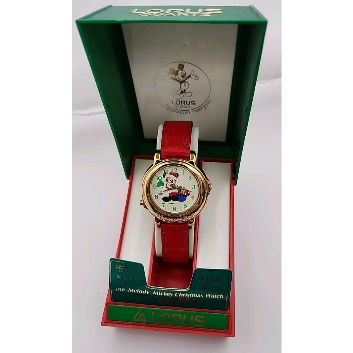 Vintage Lorus Quartz Mickey Mouse Watch Red Leather Band Jingle Bells